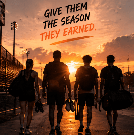 Give them the season they earned. Four athletes with gear bags walking away from the camera into a sunset.