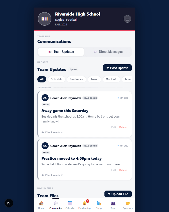 Real Team Communications view in the Elite Level Fundraising Team App, showing coach announcements about practice and an away game