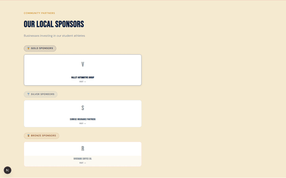 Real sponsor tier display on a demo Elite Level Fundraising campaign page, showing gold, silver, and bronze sponsor placements